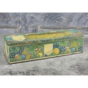 Vintage Hostess Holiday Fruit Cake Tin with colorful fruit/floral lithography